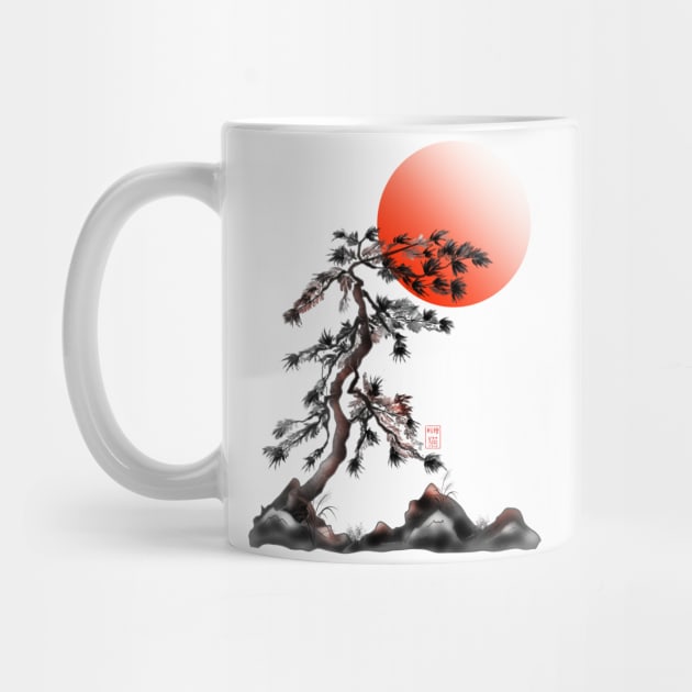 One japanese pine tree with a red rising sun by cuisinecat